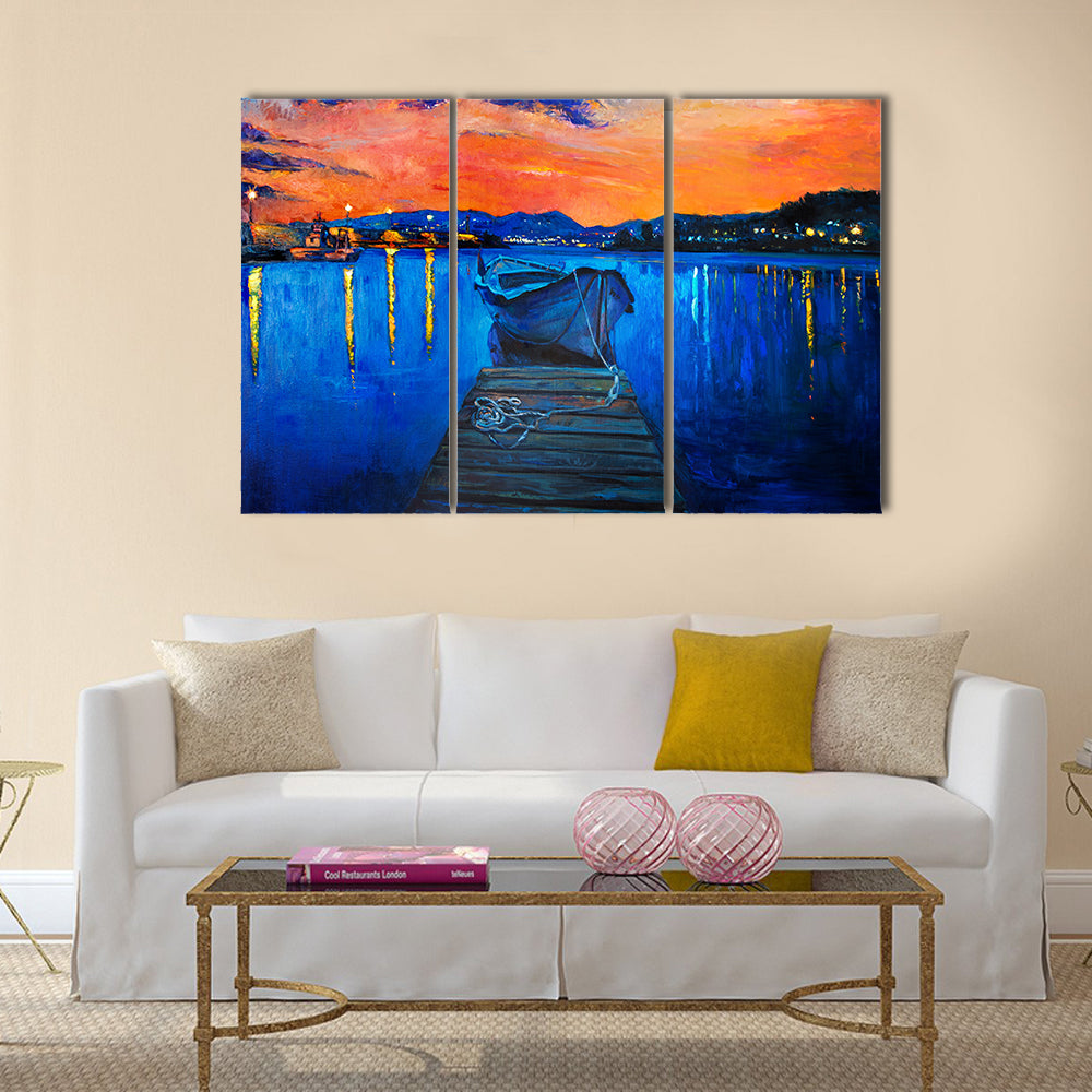 A Painting Of Boat And Jetty With Rich Golden Sunset Multi Panel Canvas Wall Art