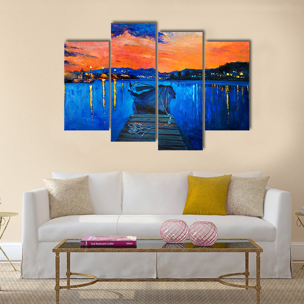 A Painting Of Boat And Jetty With Rich Golden Sunset Multi Panel Canvas Wall Art