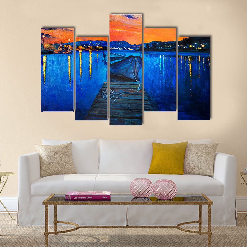 A Painting Of Boat And Jetty With Rich Golden Sunset Multi Panel Canvas Wall Art