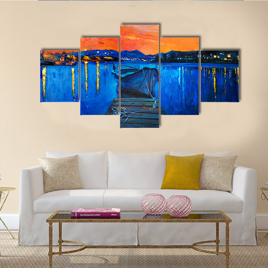 A Painting Of Boat And Jetty With Rich Golden Sunset Multi Panel Canvas Wall Art