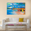 Original oil painting of lighthouse and boats on canvas Multi Panel Canvas Wall Art