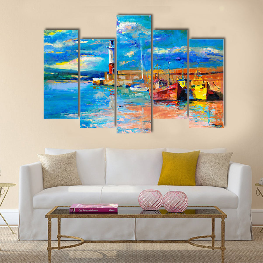 Original oil painting of lighthouse and boats on canvas Multi Panel Canvas Wall Art