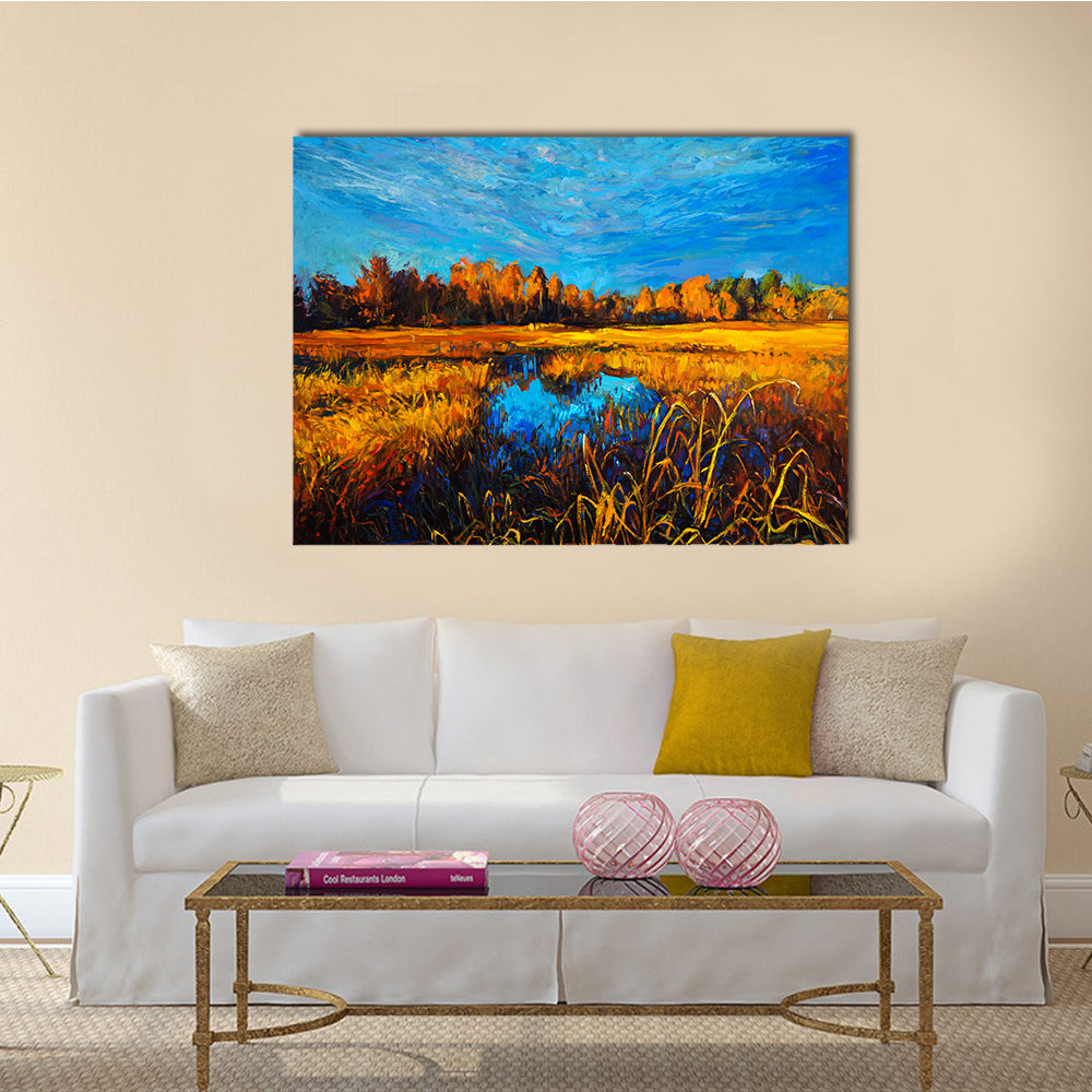 An Oil Painting Showing Trees And Lake Multi Panel Canvas Wall Art