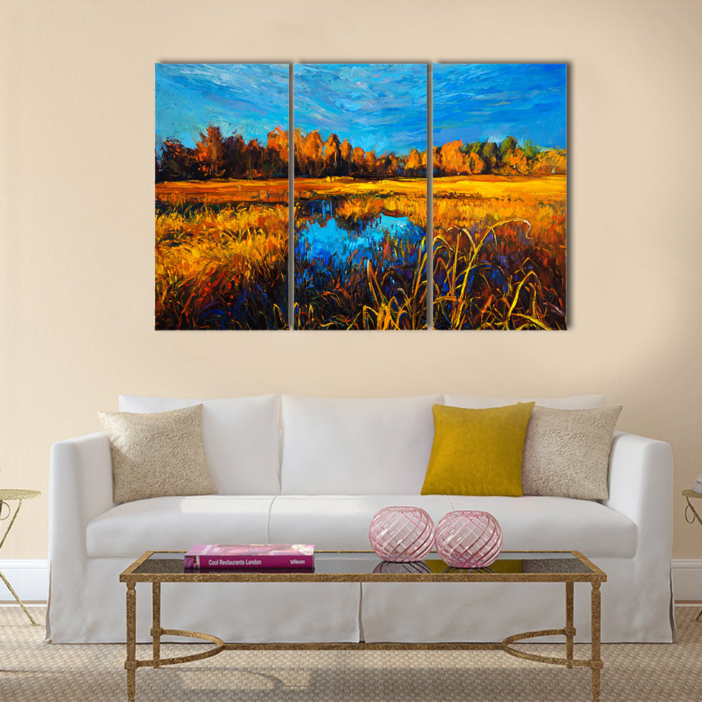 An Oil Painting Showing Trees And Lake Multi Panel Canvas Wall Art