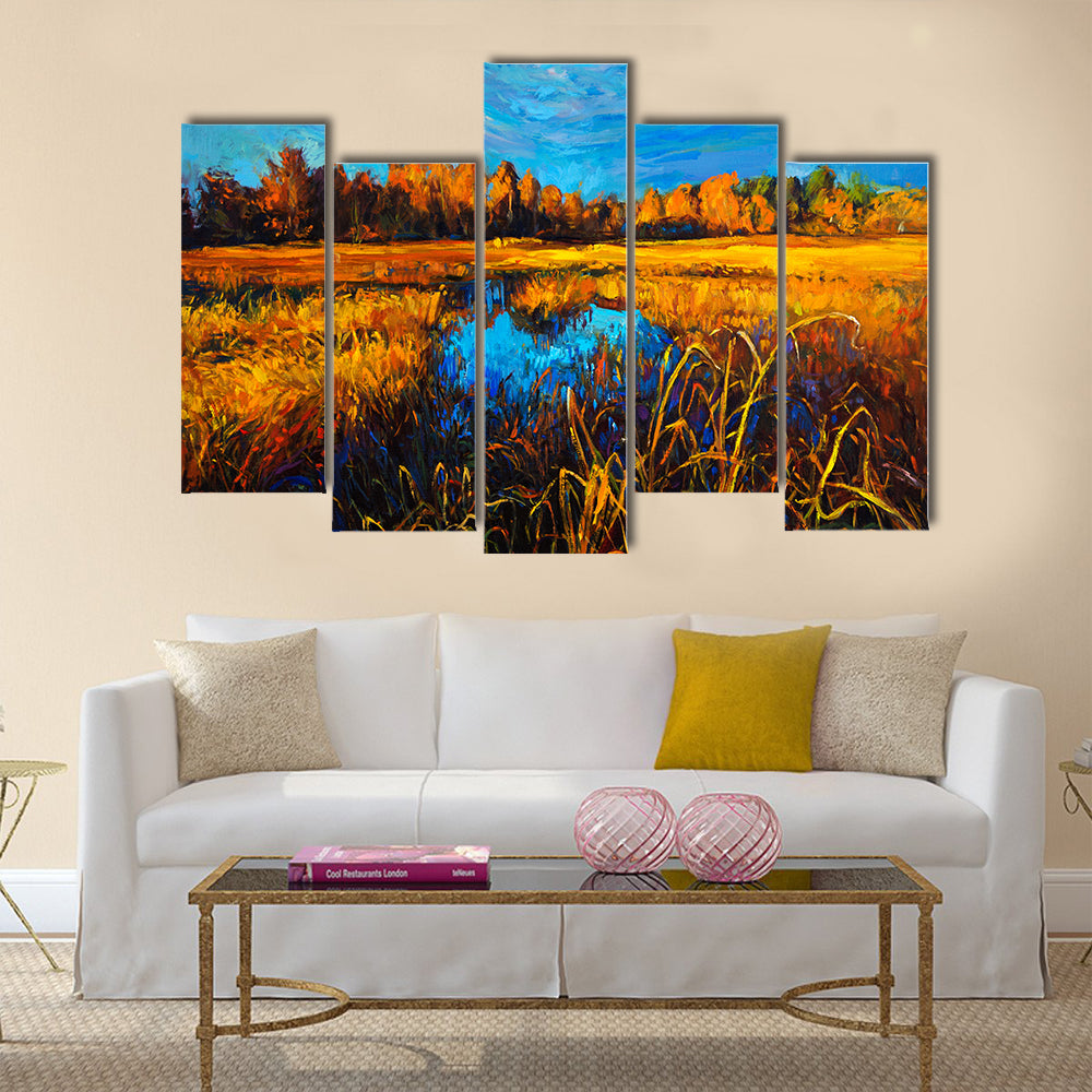 An Oil Painting Showing Trees And Lake Multi Panel Canvas Wall Art