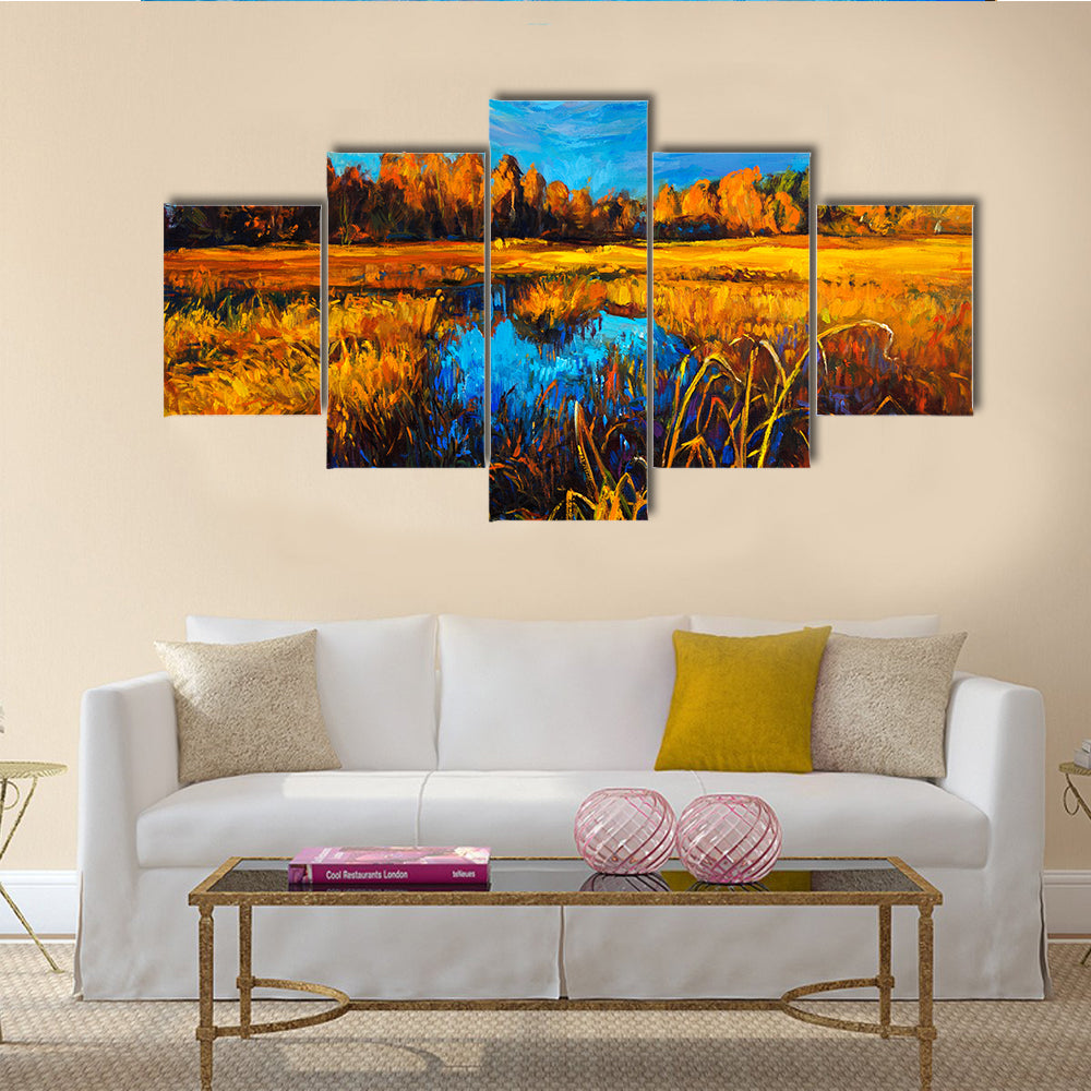 An Oil Painting Showing Trees And Lake Multi Panel Canvas Wall Art