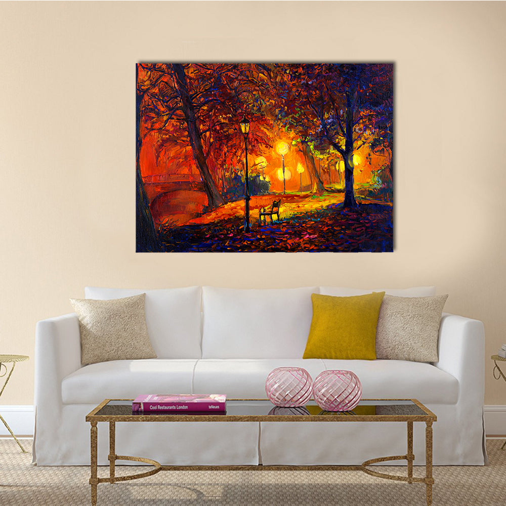 A Beautiful Autumn Park With A Lake And Bench In A Forest Multi Panel Canvas Wall Art