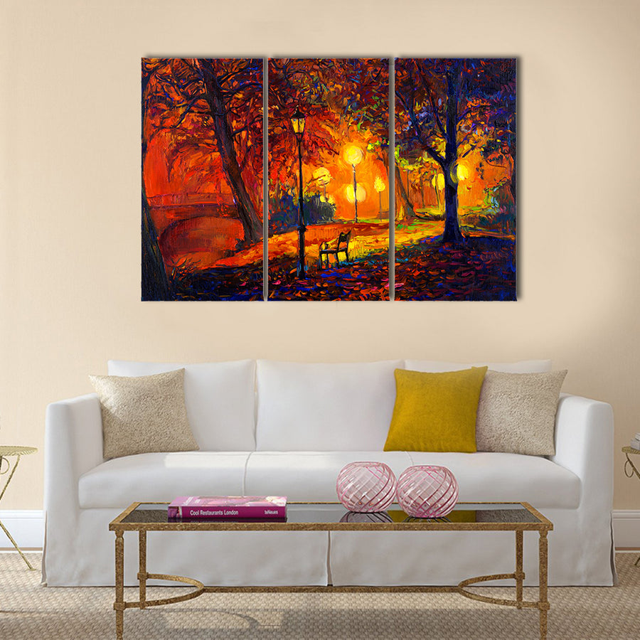 A Beautiful Autumn Park With A Lake And Bench In A Forest Multi Panel Canvas Wall Art