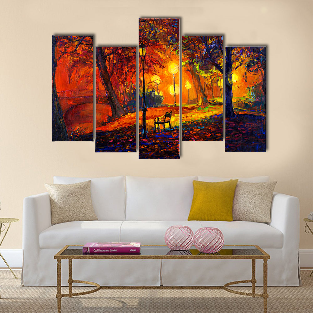 A Beautiful Autumn Park With A Lake And Bench In A Forest Multi Panel Canvas Wall Art