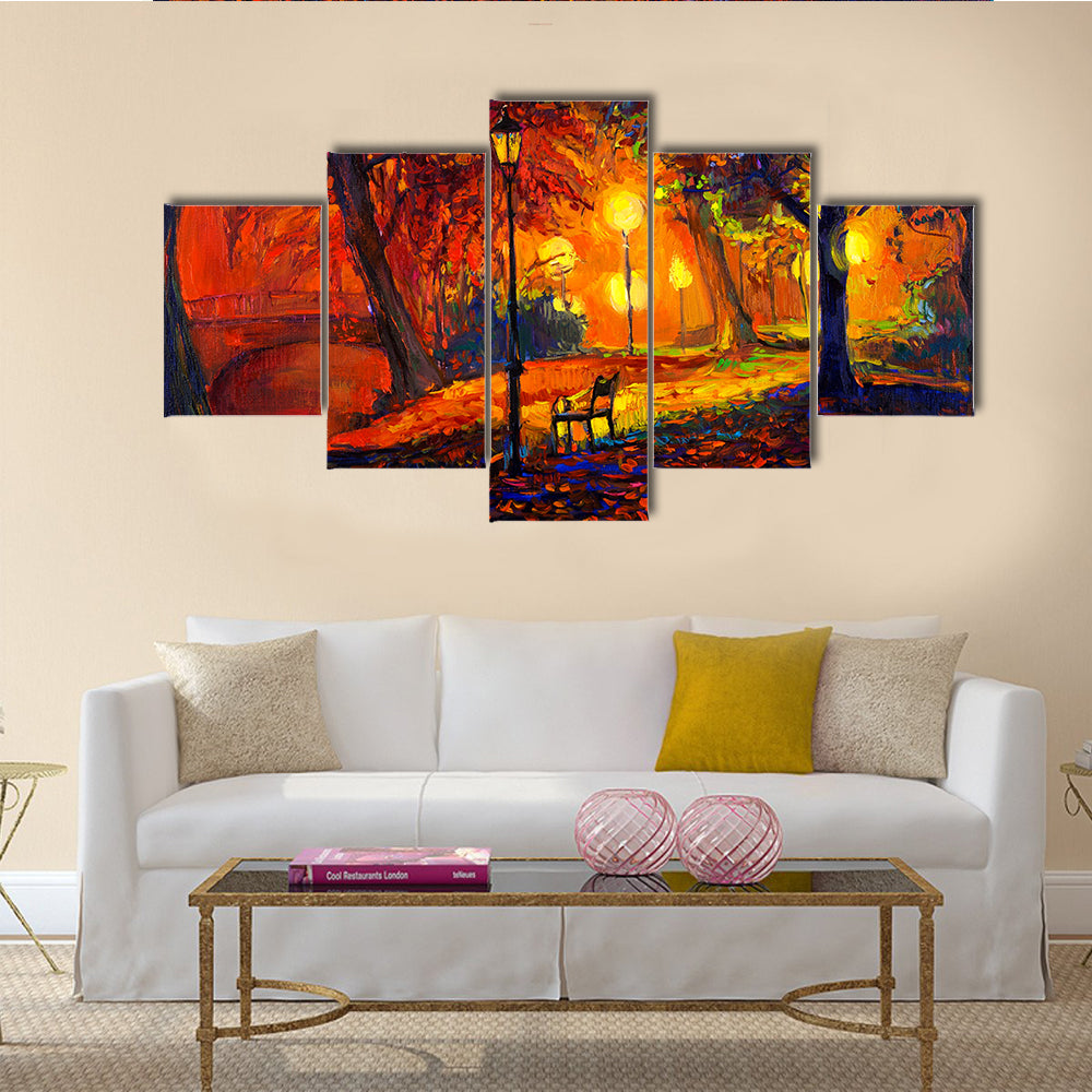A Beautiful Autumn Park With A Lake And Bench In A Forest Multi Panel Canvas Wall Art