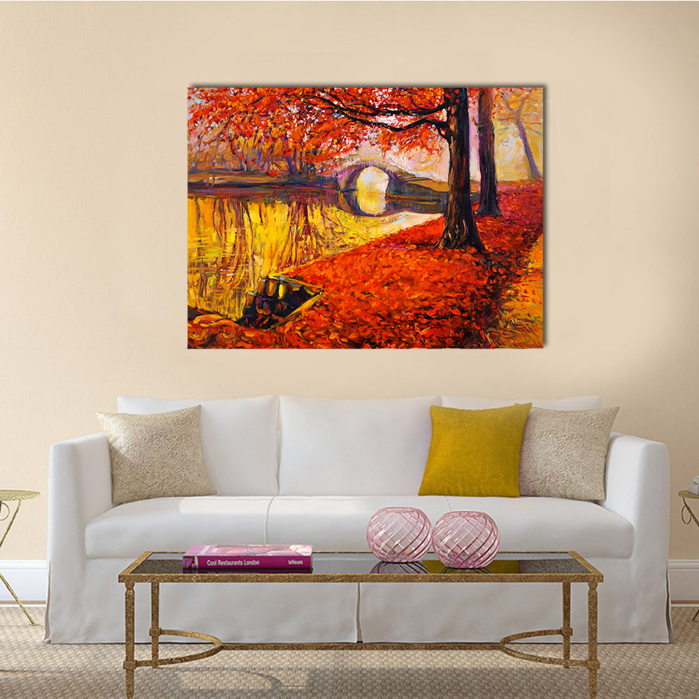 A Beautiful Painting Showing Beautiful Autumn Park And Lake Multi Panel Canvas Wall Art