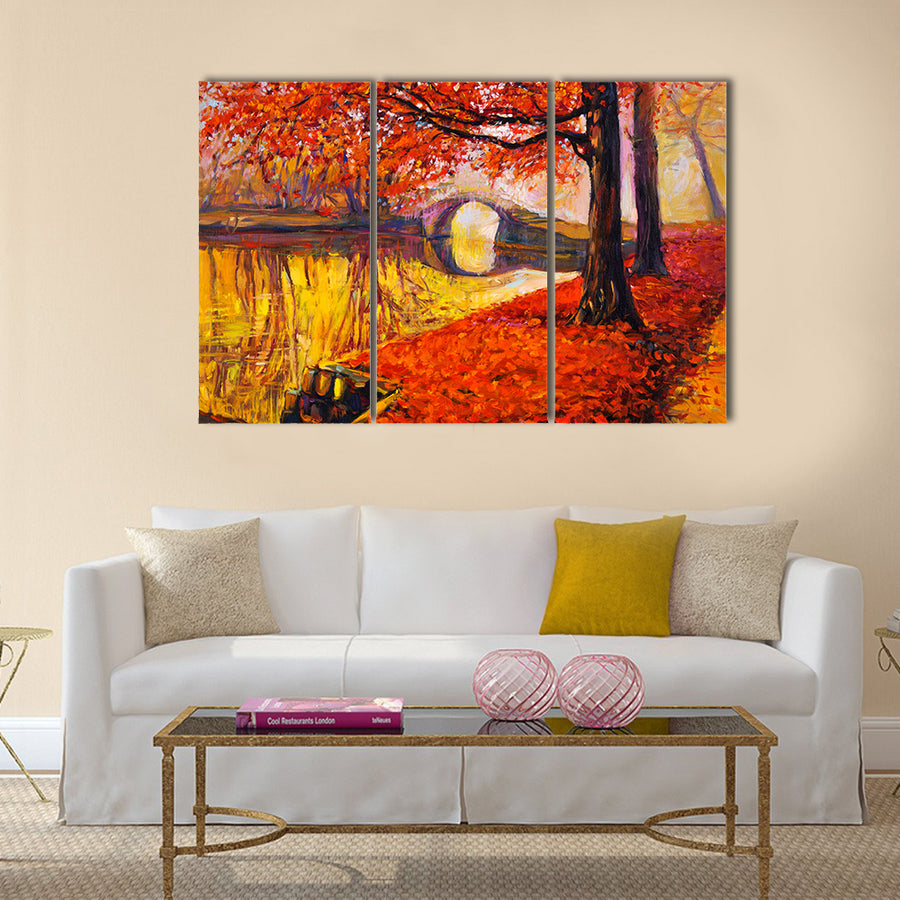 A Beautiful Painting Showing Beautiful Autumn Park And Lake Multi Panel Canvas Wall Art