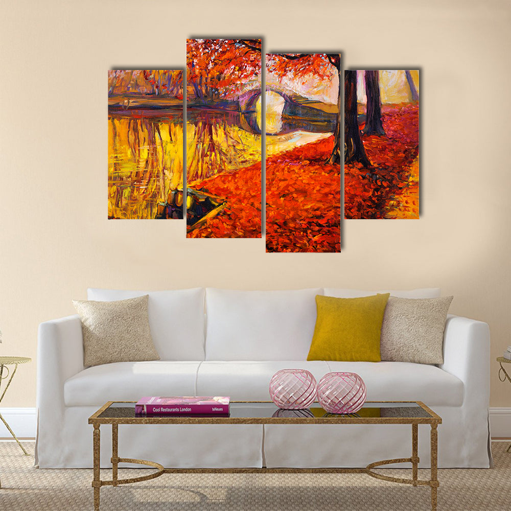 A Beautiful Painting Showing Beautiful Autumn Park And Lake Multi Panel Canvas Wall Art