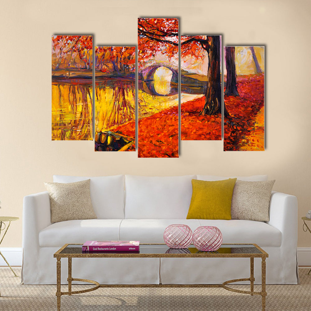 A Beautiful Painting Showing Beautiful Autumn Park And Lake Multi Panel Canvas Wall Art
