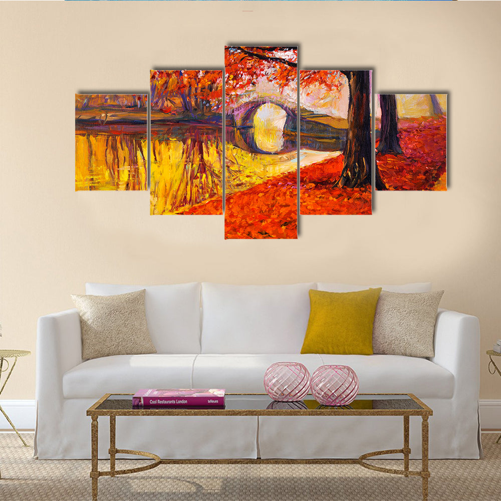A Beautiful Painting Showing Beautiful Autumn Park And Lake Multi Panel Canvas Wall Art