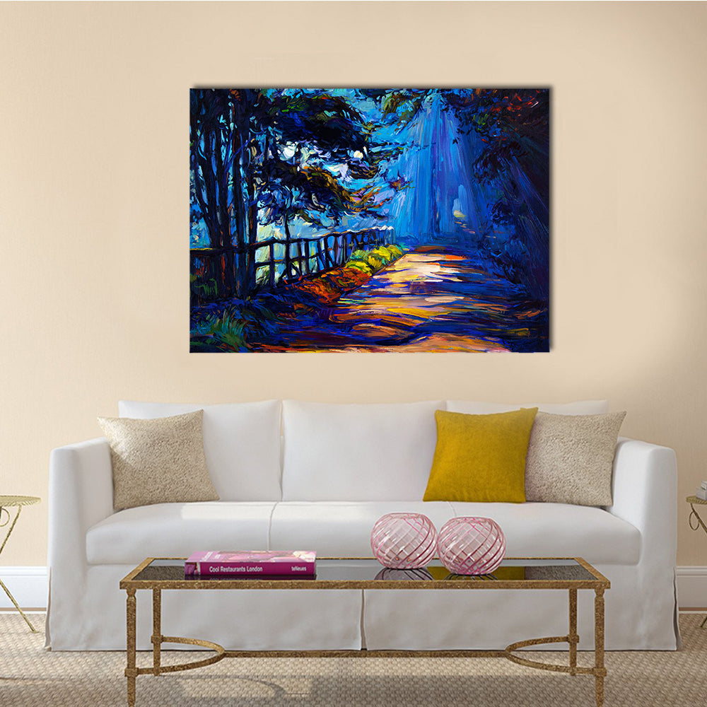 An Oil Painting That Is Showing Beautiful Autumn Park At Night On Canvas Multi Panel Canvas Wall Art