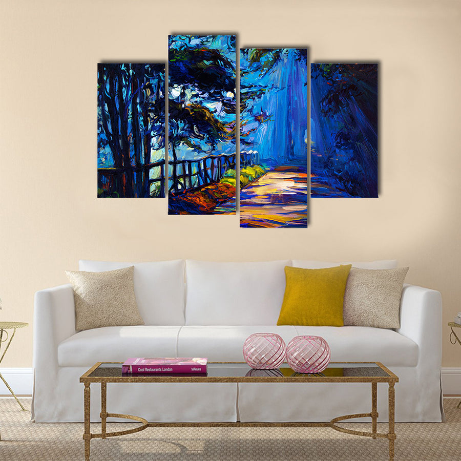 An Oil Painting That Is Showing Beautiful Autumn Park At Night On Canvas Multi Panel Canvas Wall Art
