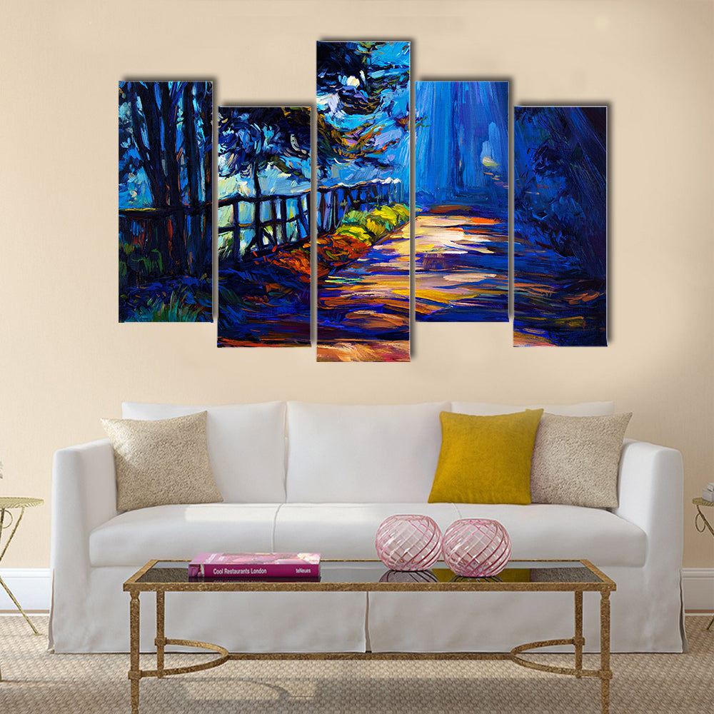 An Oil Painting That Is Showing Beautiful Autumn Park At Night On Canvas Multi Panel Canvas Wall Art