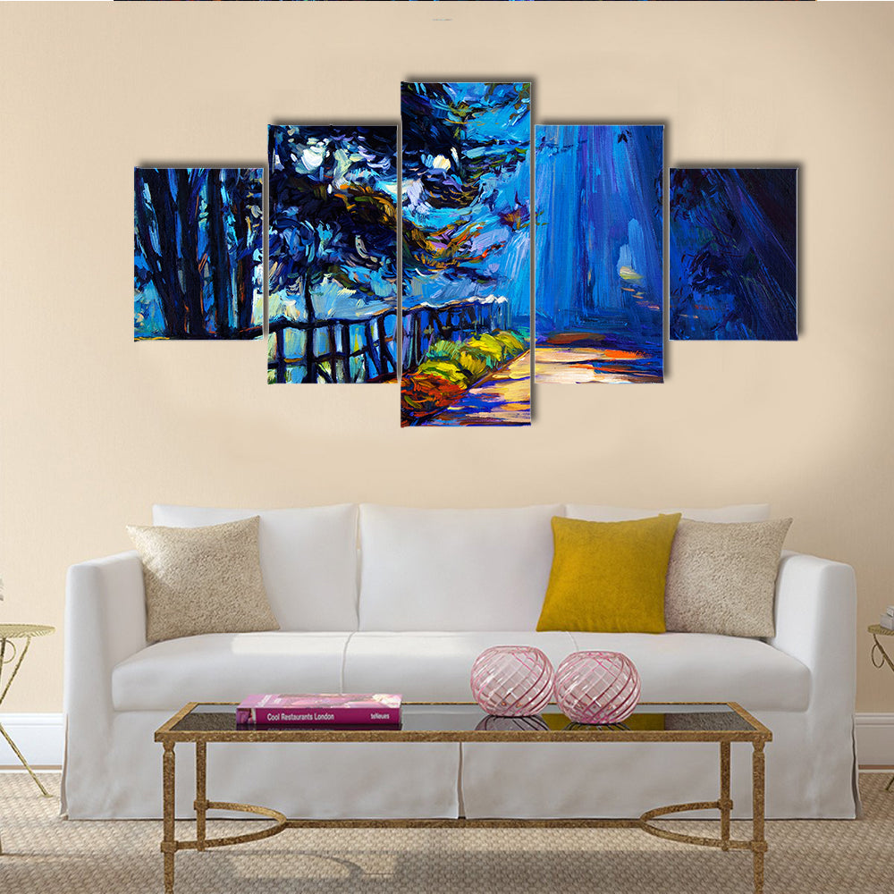 An Oil Painting That Is Showing Beautiful Autumn Park At Night On Canvas Multi Panel Canvas Wall Art