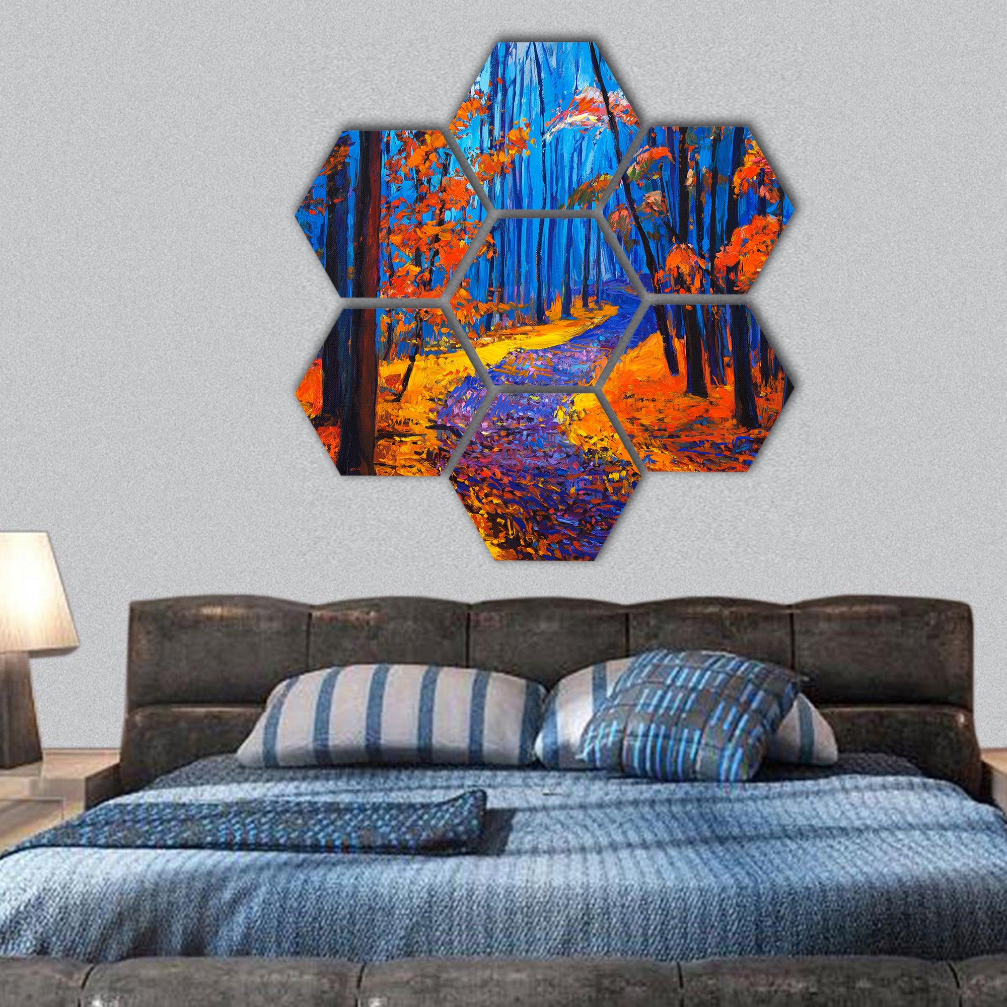 Oil painting showing beautiful Autumn forest  hexagonal canvas wall art