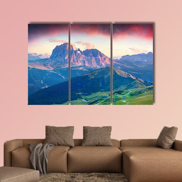 The colorful summer sunset on the Sassolungo (Langkofel) group, multi panel canvas wall art