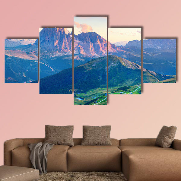 The colorful summer sunset on the Sassolungo (Langkofel) group, multi panel canvas wall art