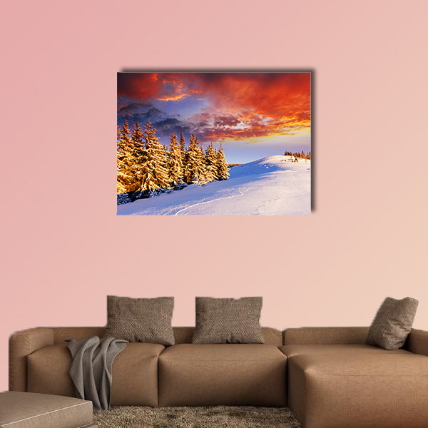 Majestic sunset in the winter mountains landscape multi panel canvas wall art