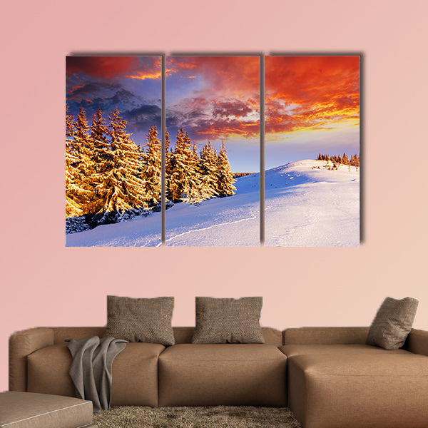 Majestic sunset in the winter mountains landscape multi panel canvas wall art