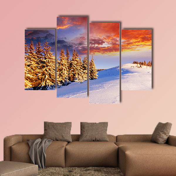 Majestic sunset in the winter mountains landscape multi panel canvas wall art