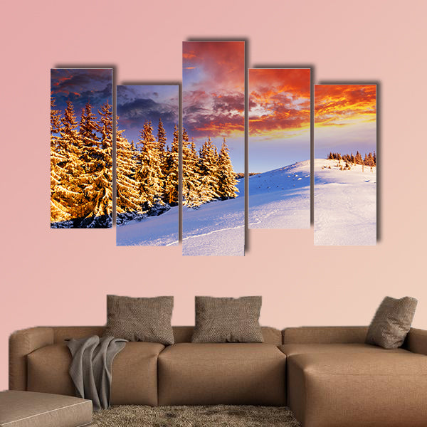 Majestic sunset in the winter mountains landscape multi panel canvas wall art