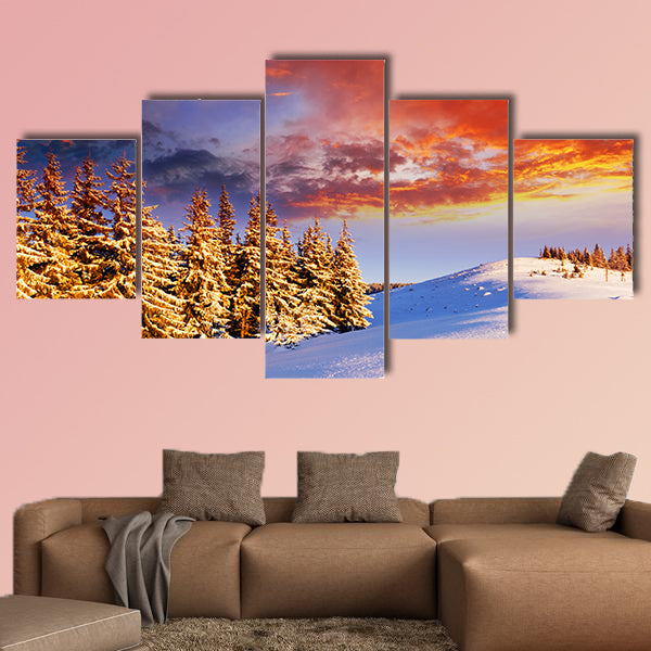 Majestic sunset in the winter mountains landscape multi panel canvas wall art