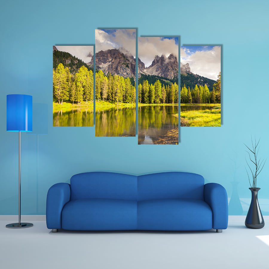 A great view of the foggy Lago Di Antorno in National Park Multi Panel Canvas Wall Art