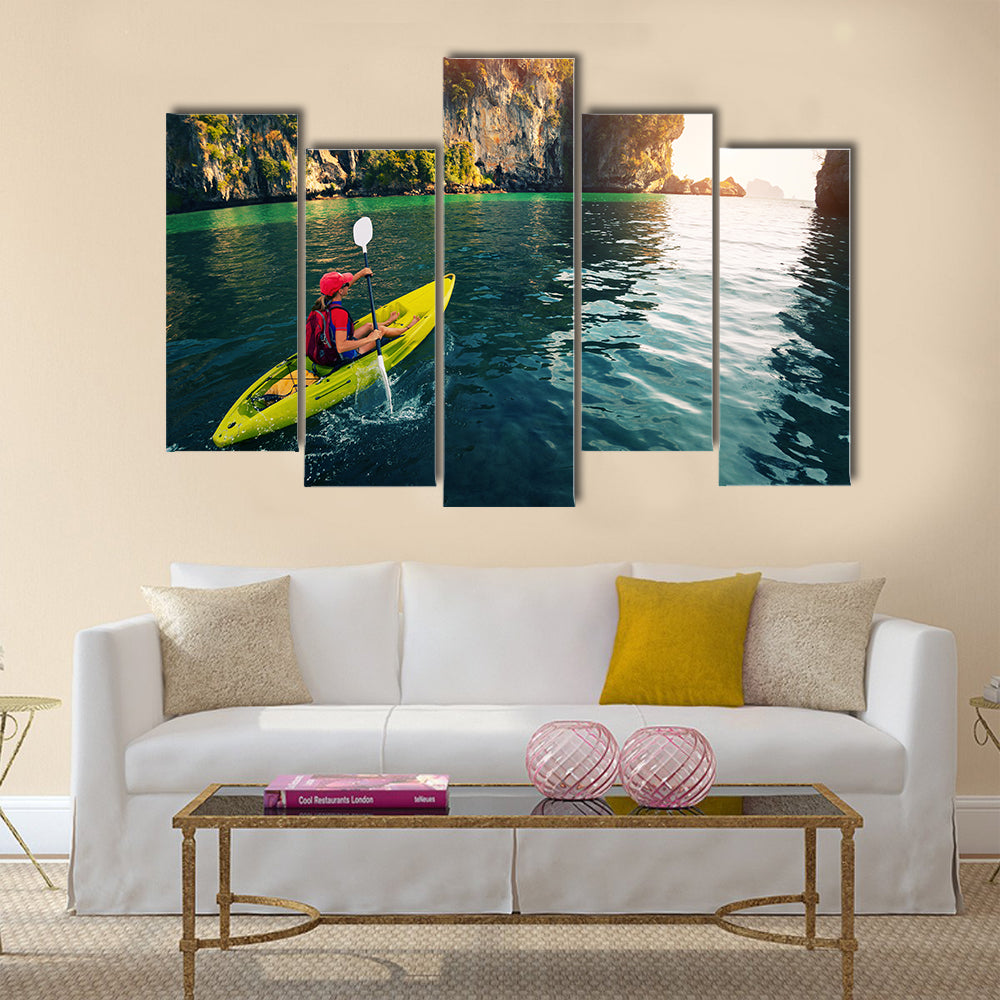 Woman with the kayak Multi panel canvas wall art