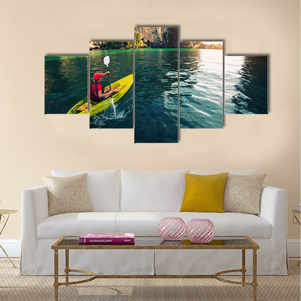 Woman with the kayak Multi panel canvas wall art