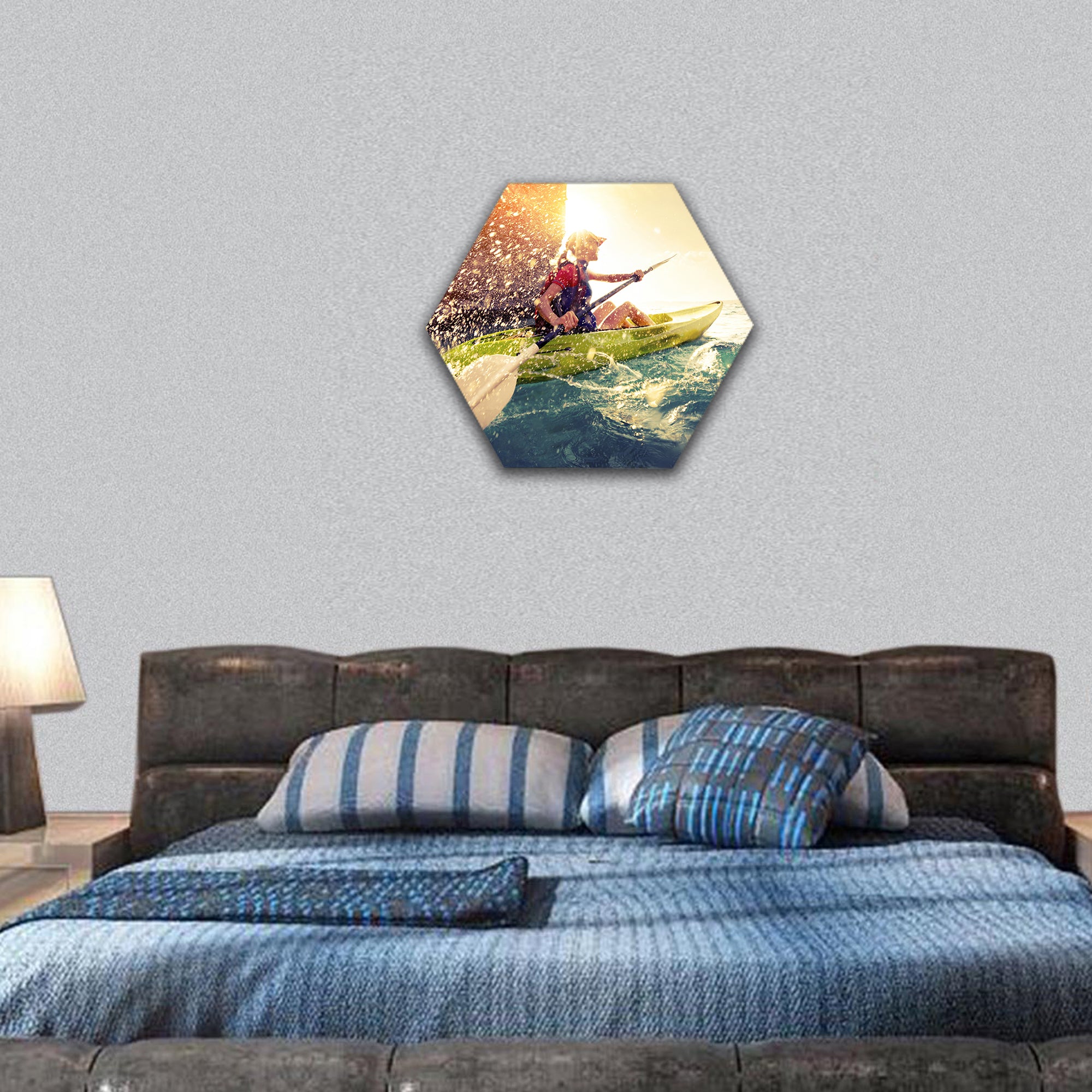 Woman with the kayak hexagonal canvas wall art