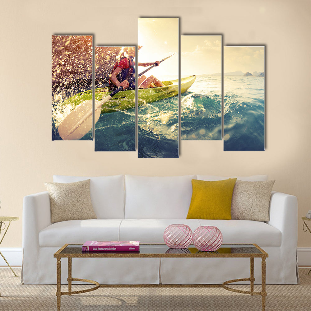 Woman with the kayak Multi panel canvas wall art