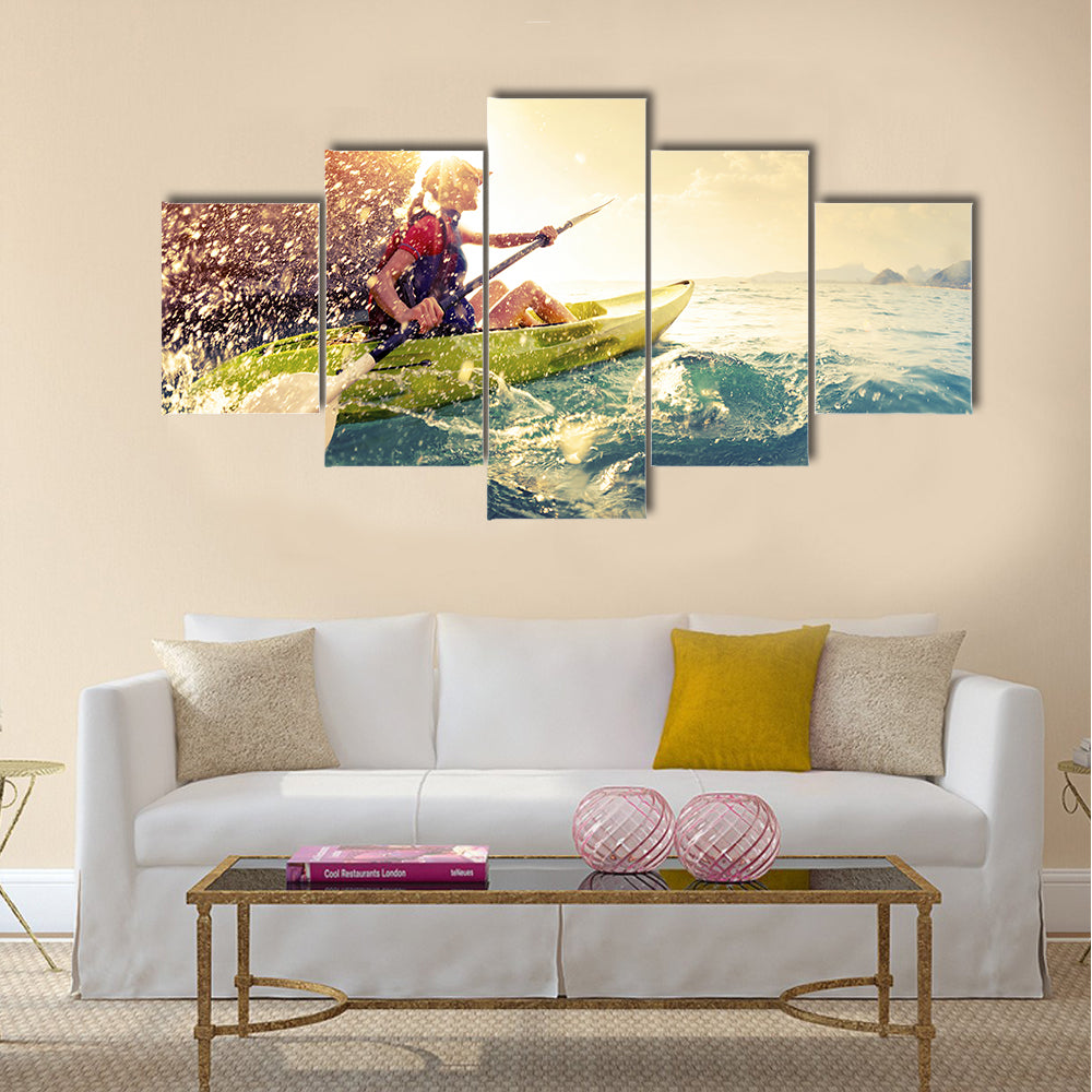 Woman with the kayak Multi panel canvas wall art