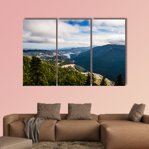 The Plastiras lake, panoramic view in central Greece multi panel canvas wall art