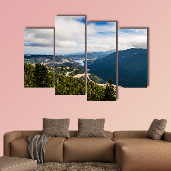 The Plastiras lake, panoramic view in central Greece multi panel canvas wall art