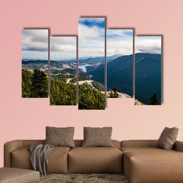 The Plastiras lake, panoramic view in central Greece multi panel canvas wall art