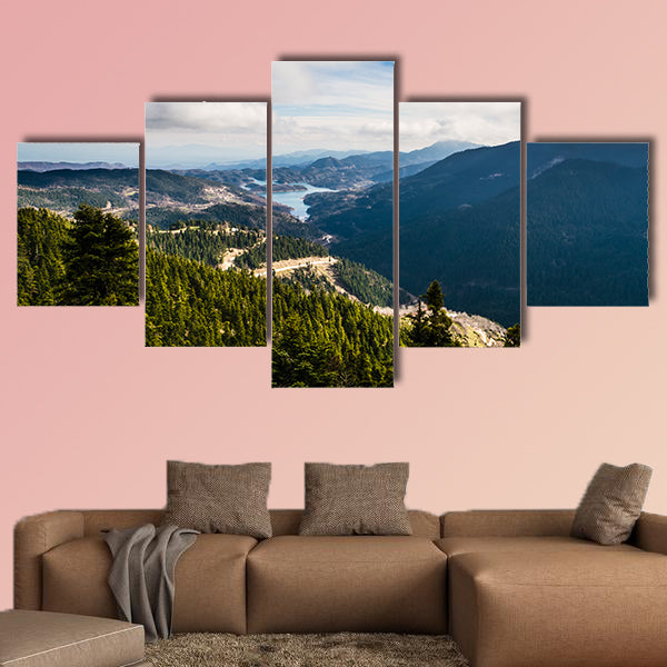 The Plastiras lake, panoramic view in central Greece multi panel canvas wall art