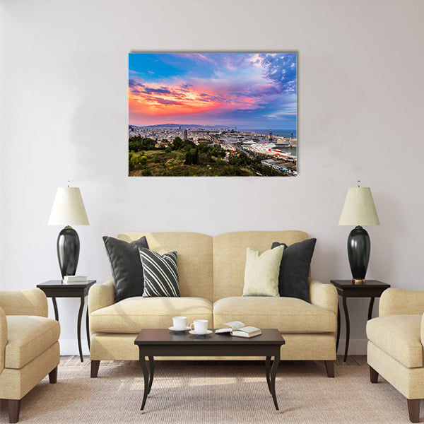 Panoramic view of Barcelona and port Multi panel canvas wall art