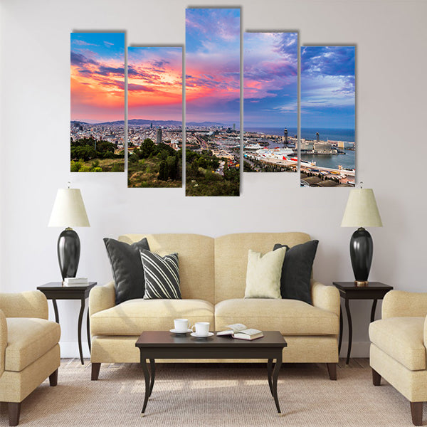 Panoramic view of Barcelona and port Multi panel canvas wall art