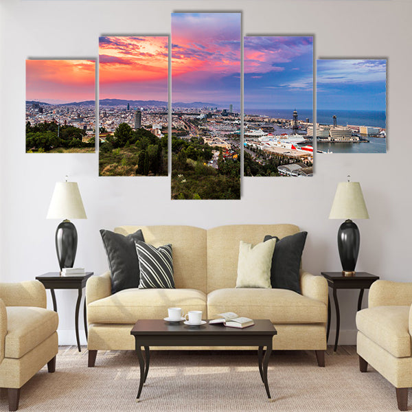 Panoramic view of Barcelona and port Multi panel canvas wall art