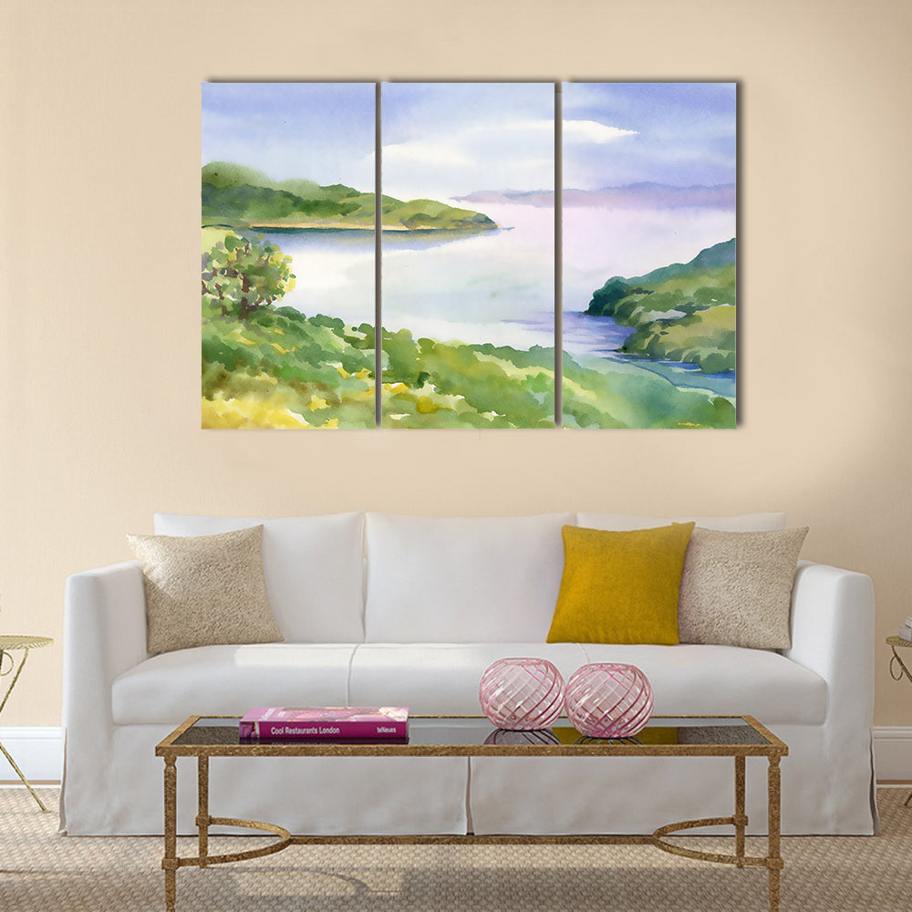 Watercolor river nature landscape Multi Panel Canvas Wall Art