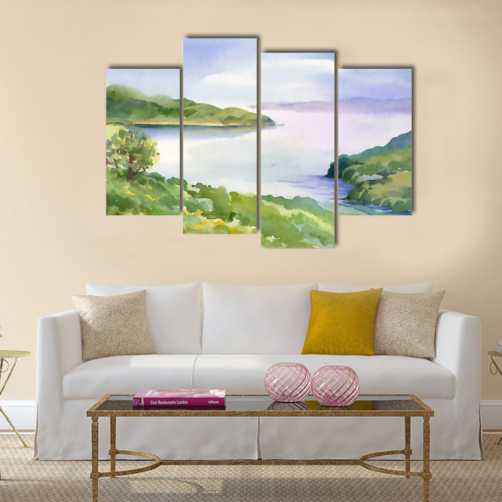Watercolor river nature landscape Multi Panel Canvas Wall Art