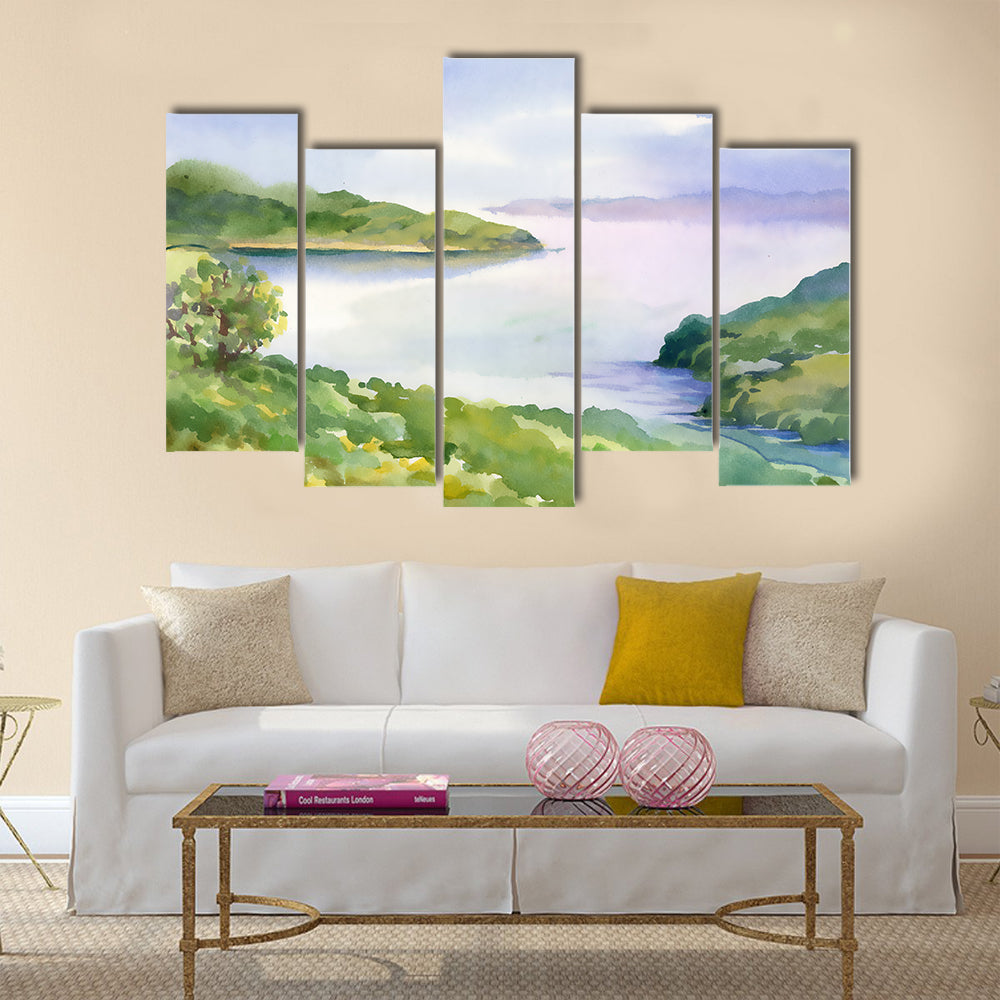 Watercolor river nature landscape Multi Panel Canvas Wall Art