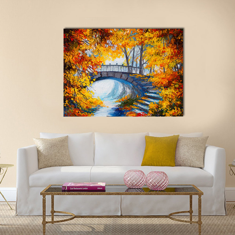 Oil Painting - autumn forest with a road and bridge over the road Multi Panel Canvas Wall Art