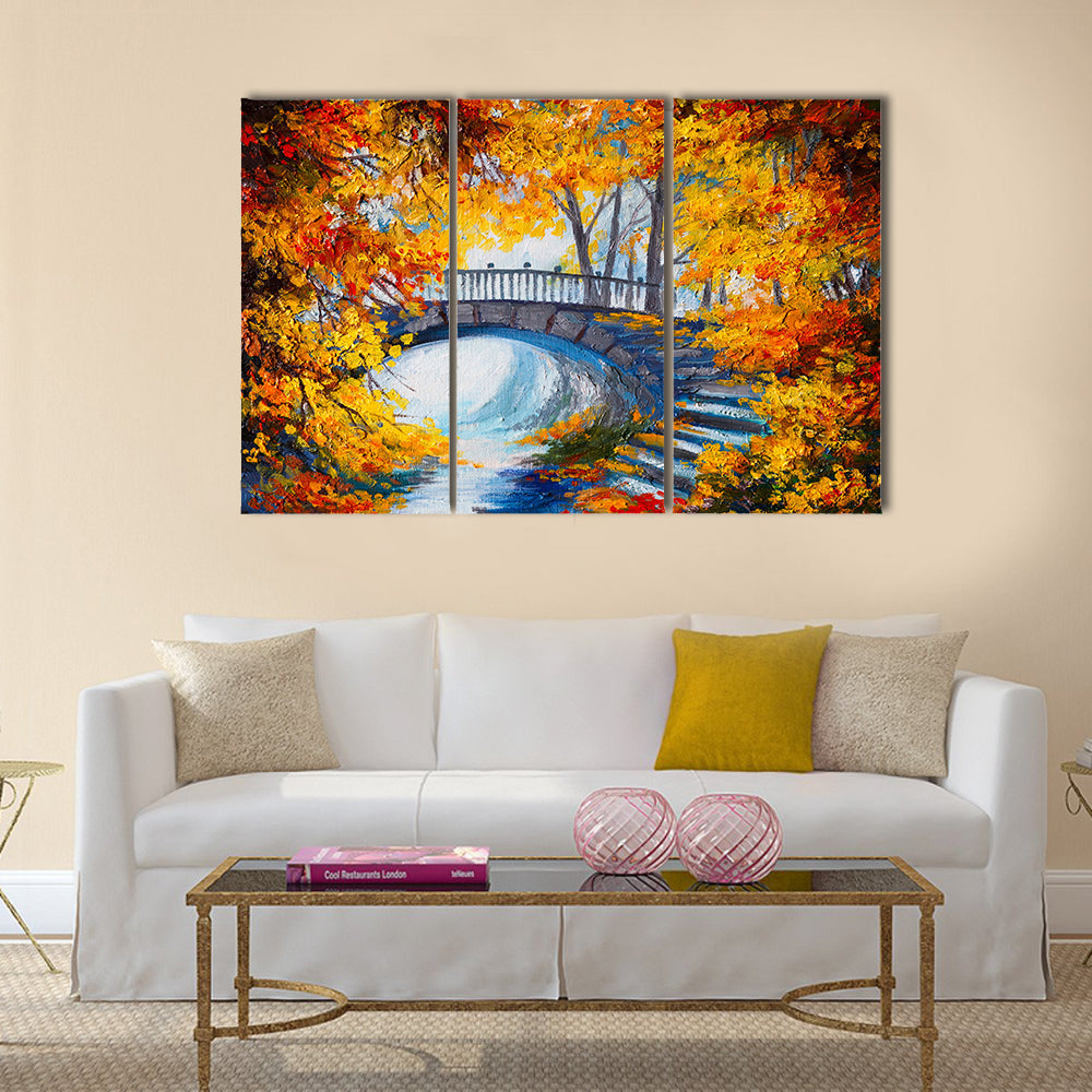 Oil Painting - autumn forest with a road and bridge over the road Multi Panel Canvas Wall Art