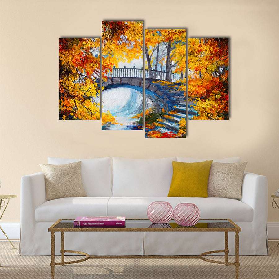 Oil Painting - autumn forest with a road and bridge over the road Multi Panel Canvas Wall Art